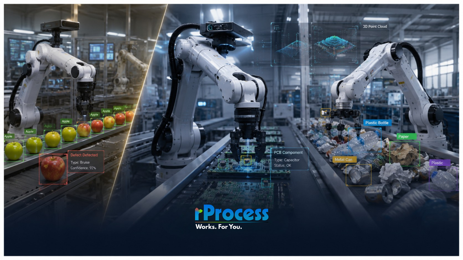 Blue industrial robotic arm operating on a factory production line